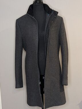 Ted Baker Charcoal Gray Wool-Blend Coat with Burgundy Lining